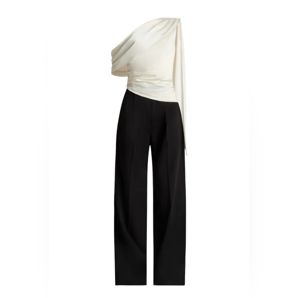 ZAC POSEN One-Shoulder Draped Jumpsuit Ivory/Black Size 10 NWT $595 - Picture 8 of 10